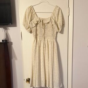 Ivy City Co. Cream Floral Puff-Sleeve Smocked Midi Dress